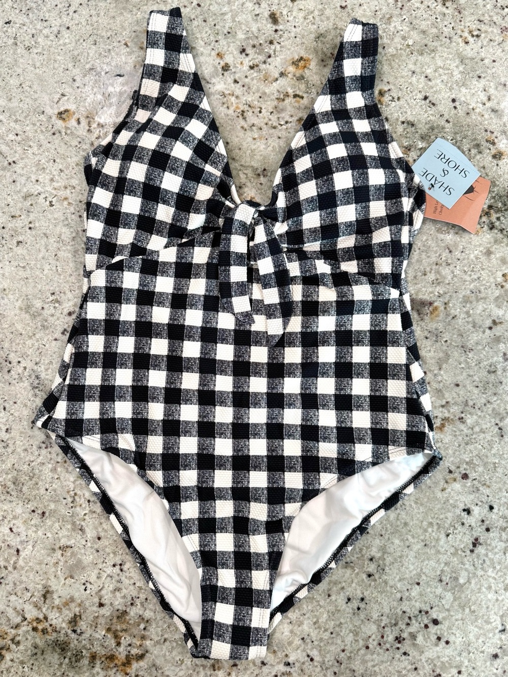 Shade & Shore Black and White Gingham Tie-Front One-Piece Swim NWT